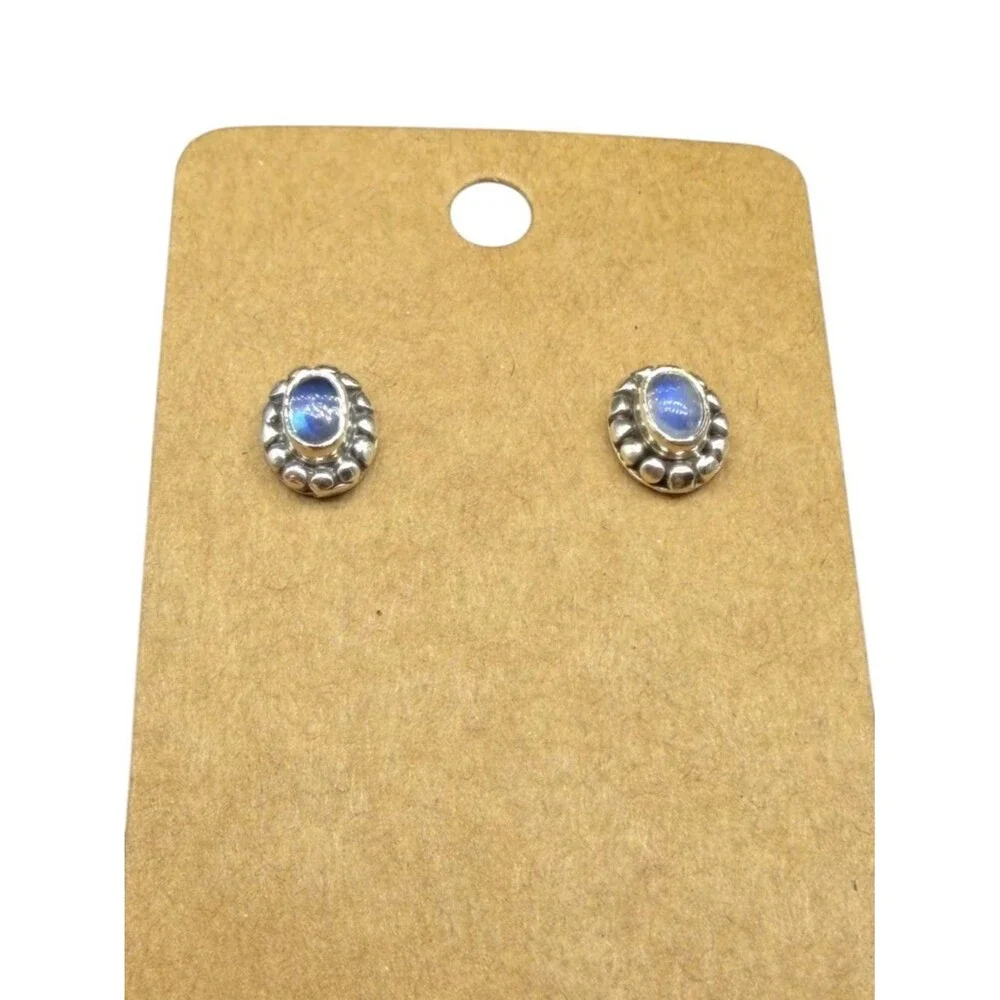 Rainbow Moonstone Stud Earrings Solid 925 Sterling Silver Dainty Oval Stone